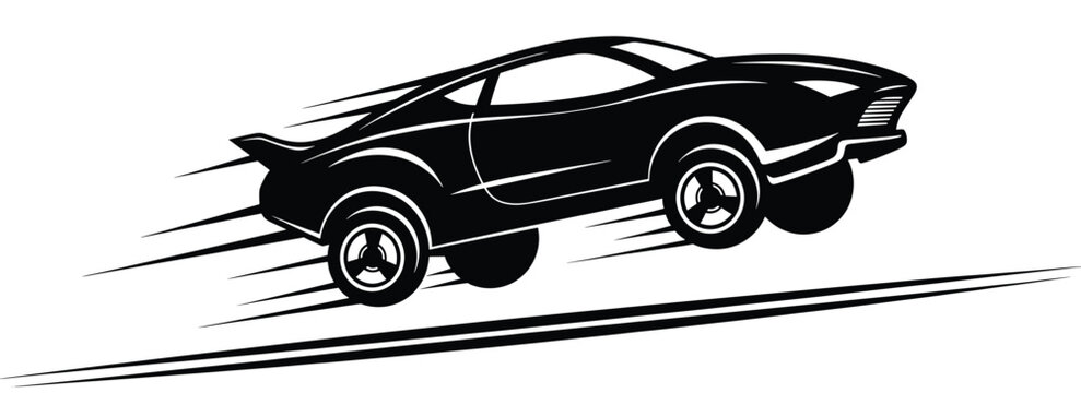 Jumping cartoon sport car black silhouette vector illustration with speed lines