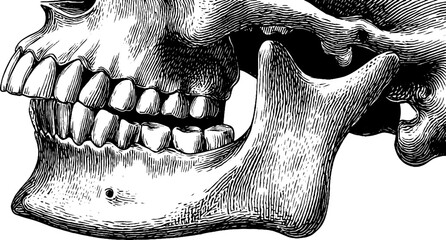 Vintage engraving of human jaw bone anatomy study with botanical elements