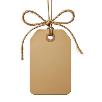 Blank kraft paper gift tag tied with twine and bow isolated on transparent background