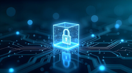 Digital cybersecurity lock hologram on glowing circuit board, data protection and network security concept, secure technology infrastructure, encryption and privacy background