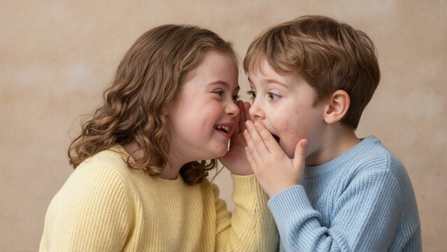 Young girl whispering secret to surprised boy. Two children sharing gossip and reacting with shock. Childhood friendship and communication concept