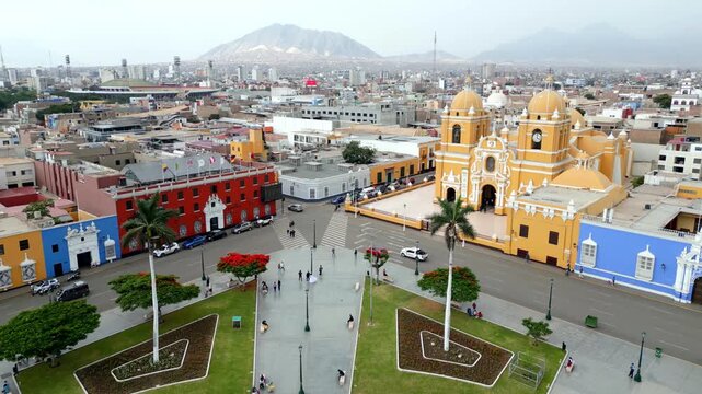 AERIAL DRONE VIEW OF TRUJILLO PLAZA DE ARMAS, ICONIC TRAVEL AND TOURISM LANDMARK IN PERU