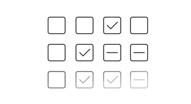 A clean set of user interface checkbox icons displaying various states like unchecked checked or indeterminate options for selection forms