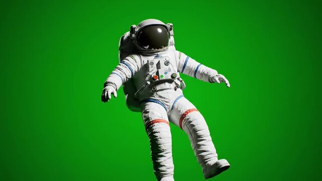 Astronaut in zero gravity on green screen, floating weightlessly in a dynamic pose. Perfect for space scenes, sci-fi adventures, or representing freedom and boundless possibilities.