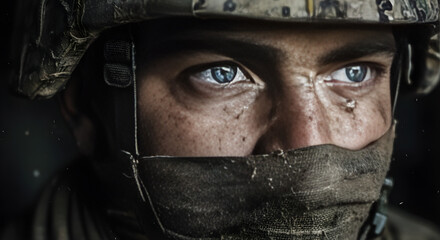 Fototapeta premium Close-up of a soldier's face wearing a helmet and a dirty camouflage mask
