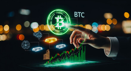 Financial growth chart with Bitcoin symbol, gold bars, AI brain, and building icons, presented on a futuristic interface.