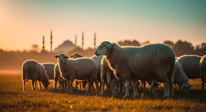 Eid Al Adha - Islamic Feast, Greeting Card, Blessed Sacrifice Feast. Ramadan and Eid greeting. Islamic celebration of the end of the Hajj, ommemoration of Ibrahim,shepherd sheep, lamb