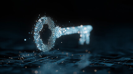 Glowing digital key in blue tones representing cybersecurity access and data protection with copy space