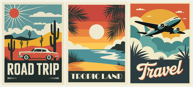 Mid-century modern retro travel posters set illustration featuring a red classic car in the desert, tropical beach with palm trees, and a blue airplane in the sky, bold colors.