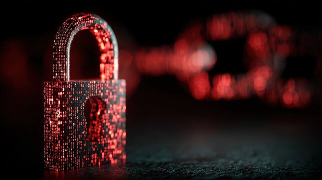Futuristic cyber security illustration. Wireframe closed lock on blue blur background. Padlock technology, cybersecurity, and digital connection