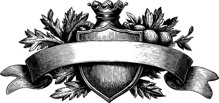 Vintage heraldic shield with botanical ribbon design for labels and decor
