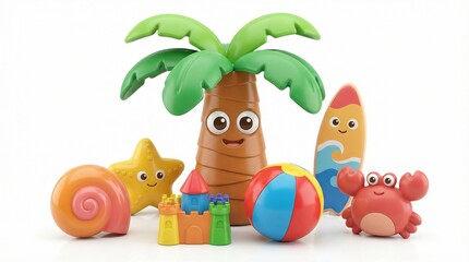 Collection of cute 3D cartoon beach characters on white background