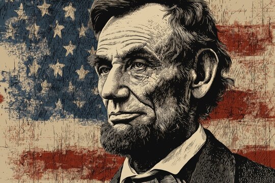 Portrait of Abraham Lincoln in front of a backdrop of the United States flag showcasing his leadership and legacy