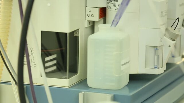 Close-up of a modern anesthesia machine ventilator working in an operating room. Medical equipment details with moving bellows and tubes during surgery in a hospital.

