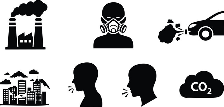 Flat design grid of air pollution icons showing factory smokestack masked person and car exhaust with city skyline coughing silhouettes co two cloud vector set minimal