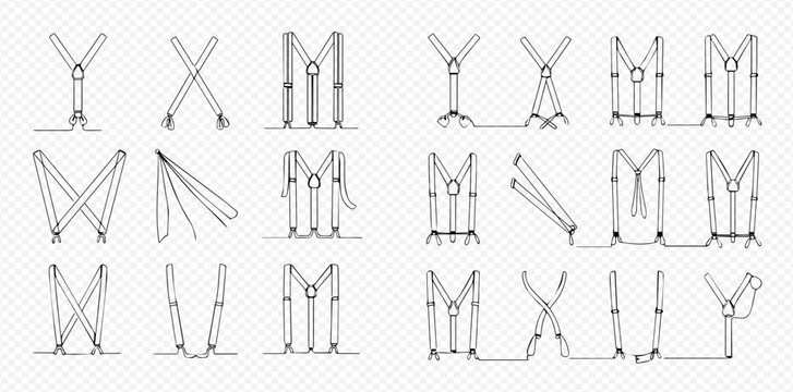 Set of various suspenders in different styles and configurations, continuous line art drawing on transparent background.