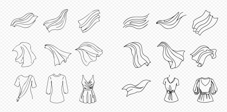 Set of hand-drawn illustrations of flowing fabric, clothing, and drapery in motion, isolated on a transparent background.