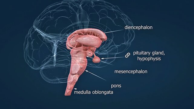 Brainstem and diencephalon include midbrain, pons, medulla, thalamus, and hypothalamus for control.