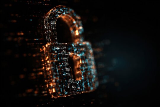 Futuristic cyber security illustration. Wireframe closed lock on blue blur background. Padlock technology, cybersecurity, and digital connection