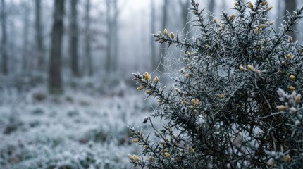 Frozen gorse bush with thorny branches and a delicate spiderweb covered in frost on a moody winter morning in a misty woodland landscape