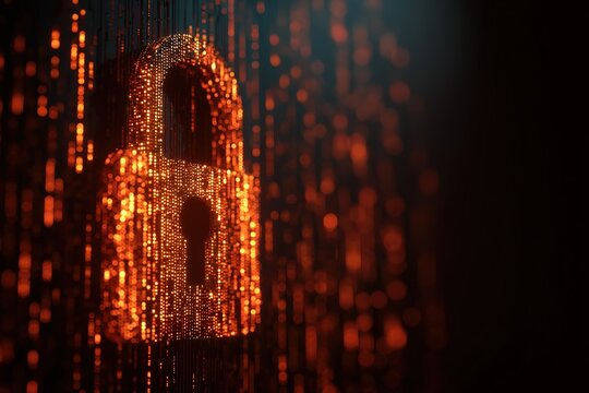 Futuristic cyber security illustration. Wireframe closed lock on blue blur background. Padlock technology, cybersecurity, and digital connection