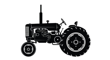 A simple black and white illustration of a vintage farm tractor design © msunny93