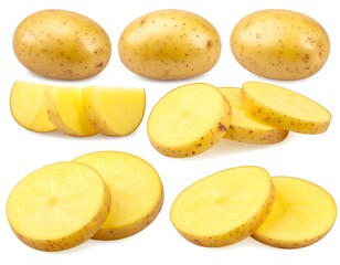 Raw potatoes, whole and sliced, are arranged, revealing the light, starchy interior against a plain white backdrop