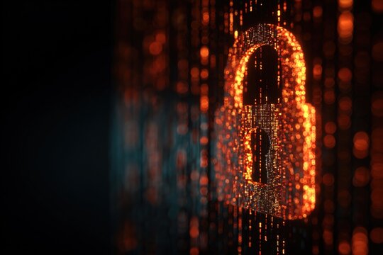 Futuristic cyber security illustration. Wireframe closed lock on blue blur background. Padlock technology, cybersecurity, and digital connection