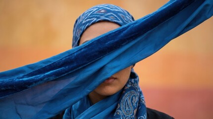 Young woman's face partially obscured by a flowing blue scarf and patterned head covering, creating a mysterious and elegant portrait against a warm, blurred background