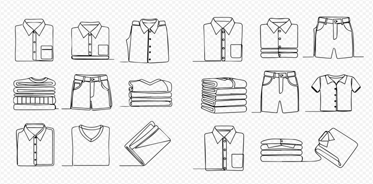 Continuous line drawing of various folded clothes, including shirts, pants, and sweaters, on a transparent background.