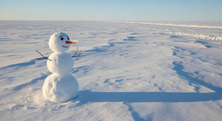 Snowman standing alone on vast snowy landscape with clear blue sky, whisk via RJ Whisk Auto visible in the serene winter scene