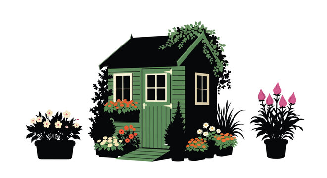 Charming green garden shed surrounded by vibrant flowers and lush foliage
