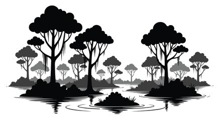 Silhouette of trees and water a peaceful landscape in black and white © msunny93