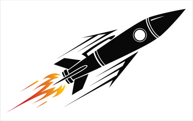Sleek black rocket taking off rapidly with fiery tapered orange trail graphic vector illustration isolated on background