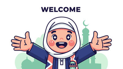 Cartoon Muslim Girl Welcoming Gesture.