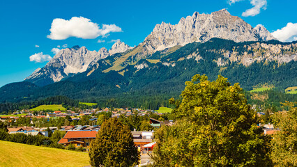 Alpine summer view with Mount Wilder Kaiser seen from Sankt Johann in Tirol, Kitzbuehel, Tyrol, Austria