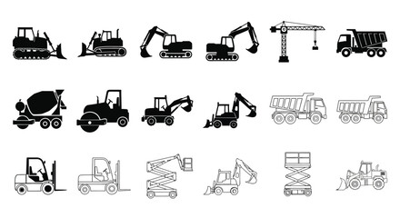 Collection of construction vehicles and machinery in a simple black and white style © msunny93
