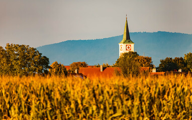 Far view of the church of Wallersdorf, Bavaria, Germany with the Bavarian forest in the background