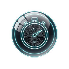 Glowing digital clock icon with circuit details on transparent background