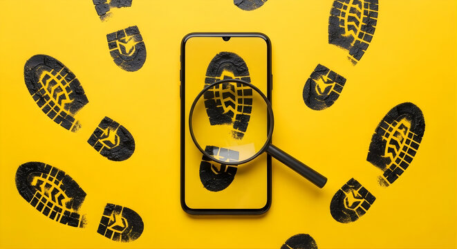 A magnifying glass examines footprints on a smartphone screen surrounded by scattered shoe prints on yellow background 187