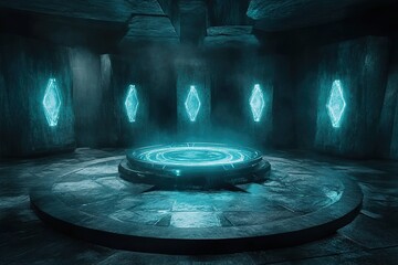 alien power core surrounded by floating energy rings in a dark chamber