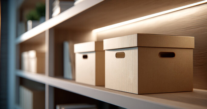 Close-up of cardboard storage boxes neatly arranged on wooden shelves with soft lighting in a modern organized space