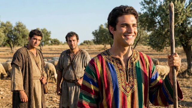 Cinematic biblical reenactment of Joseph in coat of many colors facing his jealous brothers