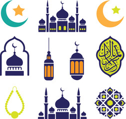 Obraz premium Minimalist Islamic Geometric Ornaments and Symbolic Crescent Icons for Elegant Branding and Decor