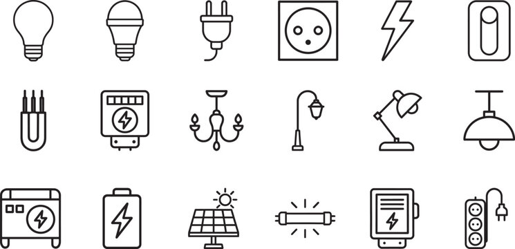 Black outline electricity and lighting icon set with clean line symbols for power, energy, and UI design