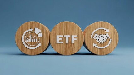 Three wooden circular blocks on a blue background, displaying "ETF" in the center, flanked by icons representing financial analytics and investment partnerships, symbolizing exchange-traded funds.