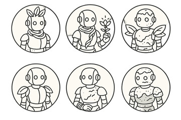 Obraz premium Botanical Android Elements. Line style circular vector icons of botanical android: metal figure with leaf crown, vine scarf,