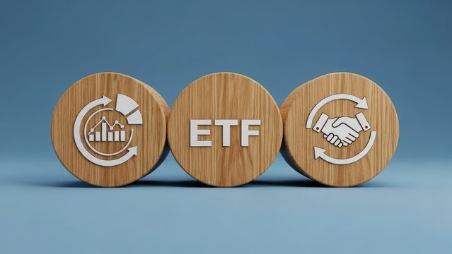 Three wooden circular blocks on a blue background, displaying "ETF" in the center, flanked by icons representing financial analytics and investment partnerships, symbolizing exchange-traded funds. - Powered by Adobe