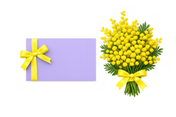 Mimosa flower bouquet and blank greeting card