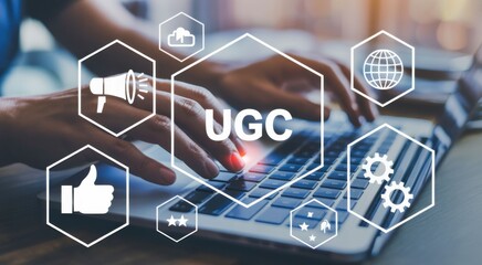 UGC Concept in Modern Era: A person using a modern laptop, connected to UGC symbols, represents the concept of user generated content and its influence in the modern era.